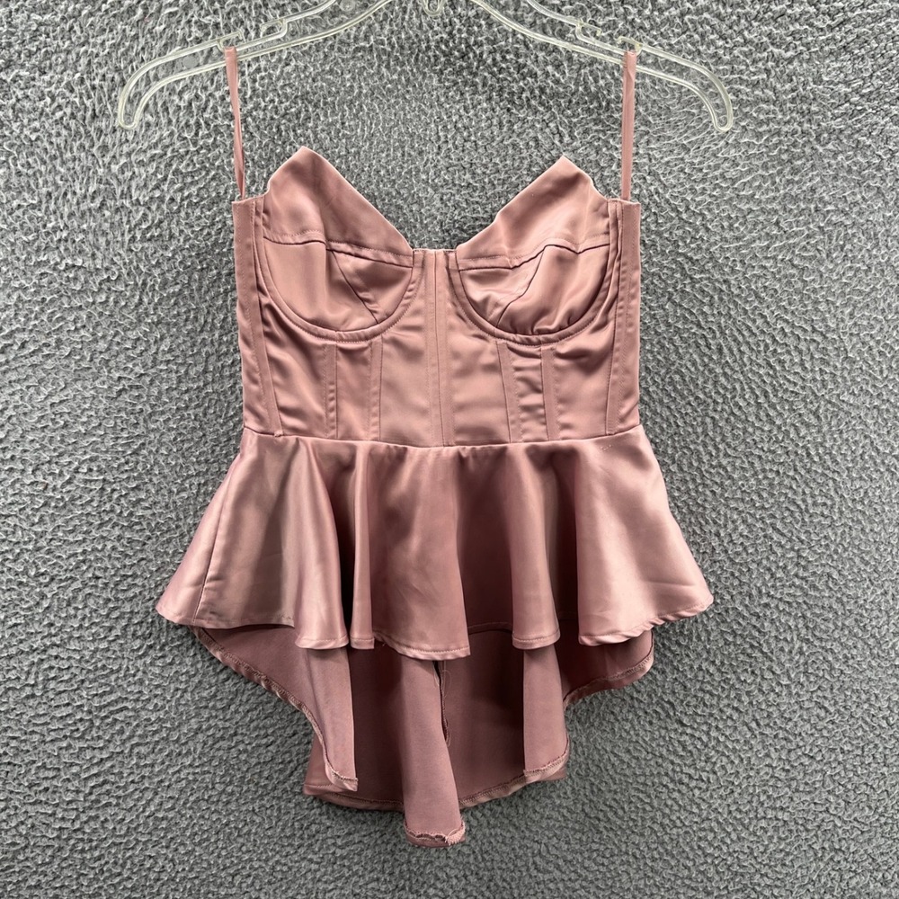 PrettyLittleThing Dusty Rose Satin Peplum Bodysuit